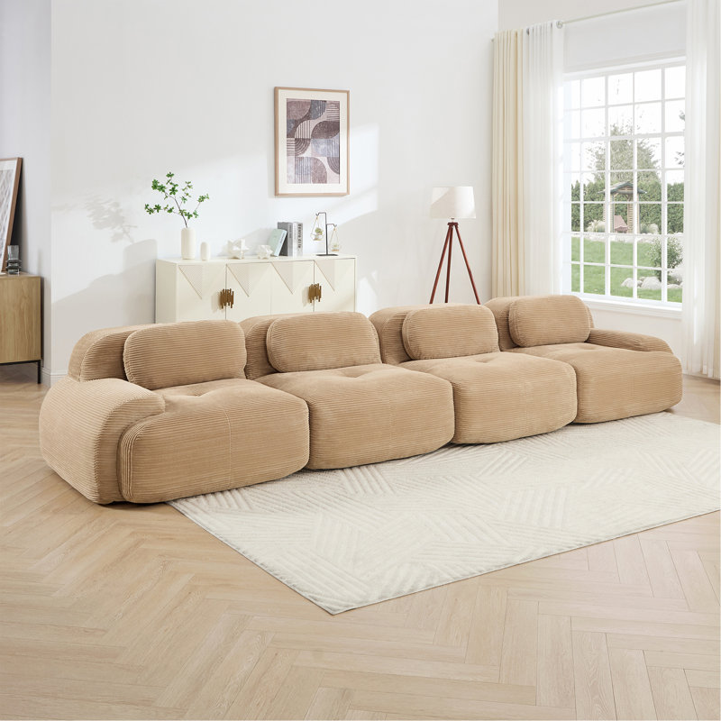 Canapé 4 places en velours côtelé doux 32D éponge haute résilience ergonomique pour animaux de compagnie à compression totale, sans emballage combiné sans assemblage pour les chambres à coucher, chameau