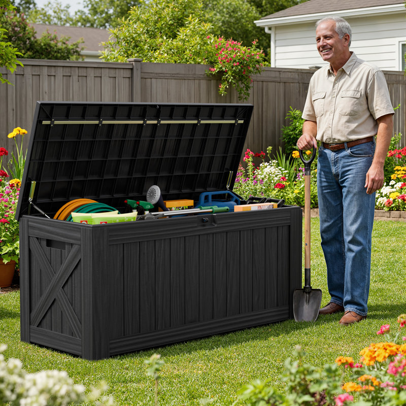 125 Gallons Water Resistant Lockable Deck Box, Black
