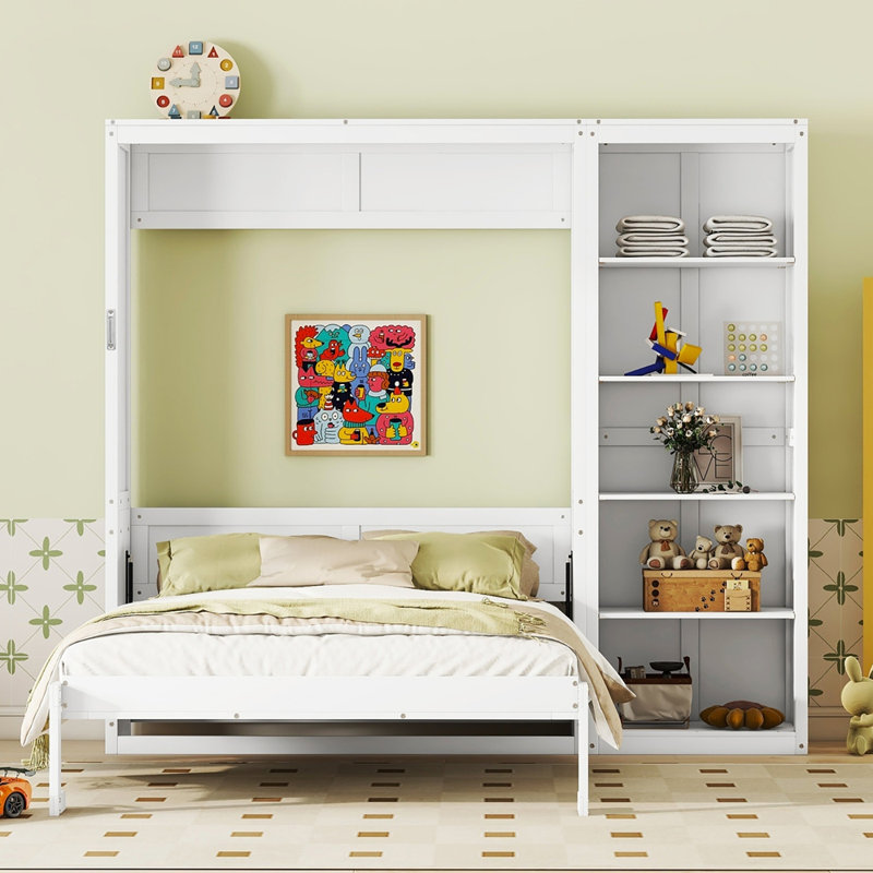 Lit escamotable mural avec tablettes Murphy, Blanc, Grand lit