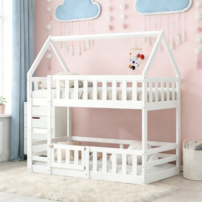 Lit superposé simple au-dessus de simple avec clôture et porte, lit superposé à thème Playhouse avec barrières de sécurité et porte d'entrée, finition blanche pour chambre d'enfant, matelas non inclus
