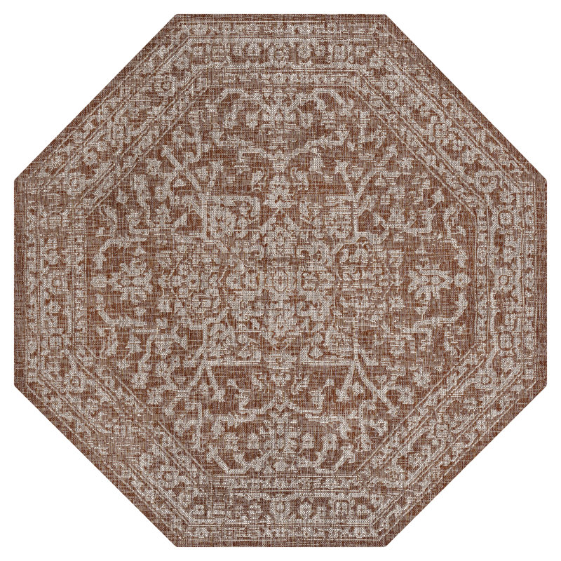 Massimo Bohemian Medallion Textured Weave Red/Taupe Indoor/Outdoor Rug, Octagon 7'9"