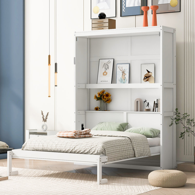Lit escamotable blanc pleine grandeur avec tablettes intégrées