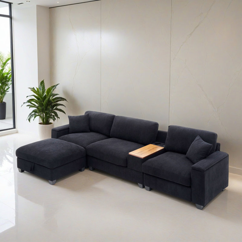 Canapé modulaire réversible 120,32 po avec repose-pieds pour salon, Lin noir