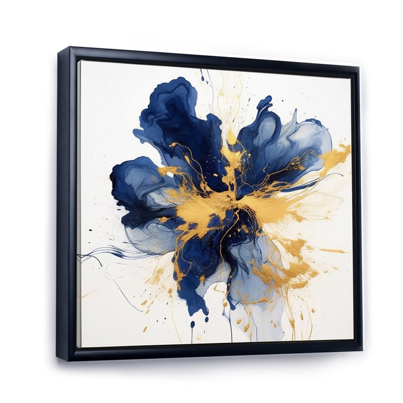 «Dark Blue and Gold Strokes I», art mural sur toile Fractals, Cadre flottant noir, H 30 po x l 30 po x P 1 po