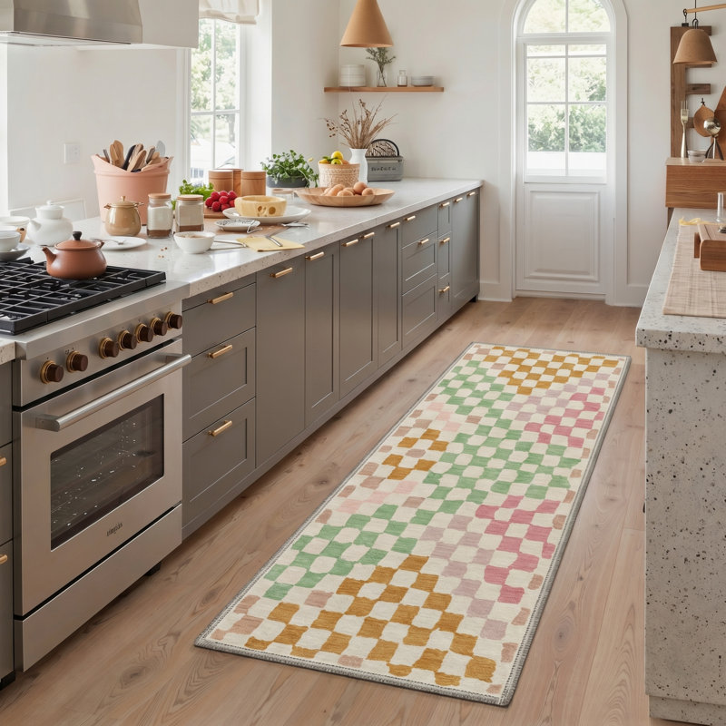 Tapis de couloir moderne à carreaux ondulés, lavable à la machine, vert, rose et beige, antidérapant, pour entrée ou cuisine.