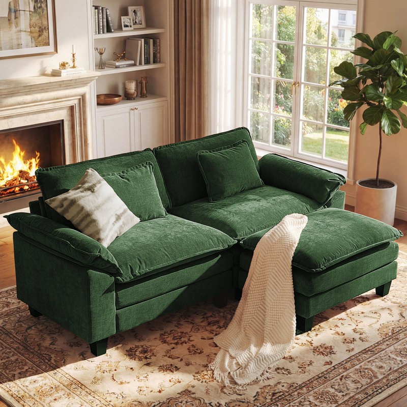 Canapé modulaire en forme de U l 86 po Brazell, canapé nuage avec repose-pieds et coussins amovibles - vert, Coton vert