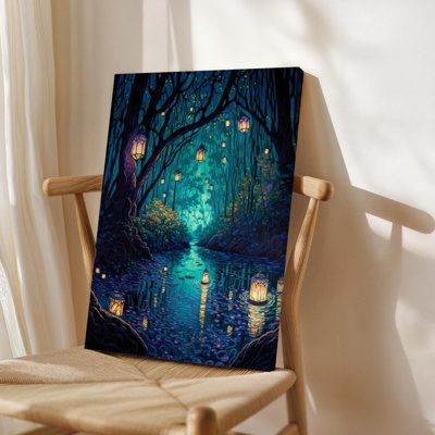 Tableau encadré sur toile - Ruisseau enchanté avec lanternes lumineuses, art fantastique - 61 x 91 cm pour salon et chambre