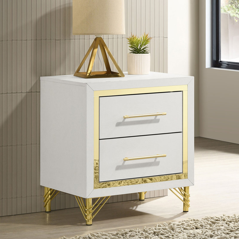 2 Drawers Wooden Nightstand With Metal Handles In White And Gold