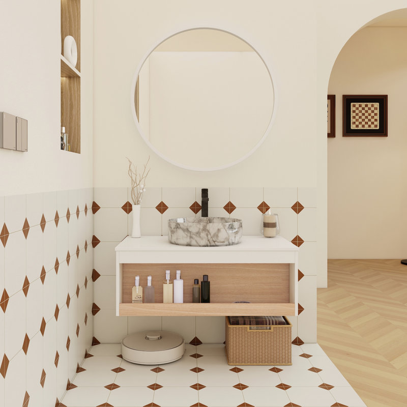 Meuble-lavabo flottant 36 po avec lavabo vasque rond et tablette ouverte 36 po, Grey Vein Marble