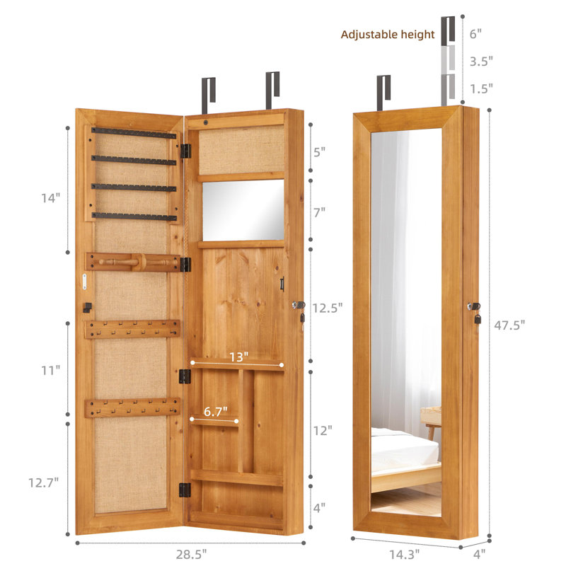 Armoire pour armoire à bijoux en bois massif avec miroir pleine grandeur, verrouillable au mur 47,5 x 14,3 po avec lumière DEL