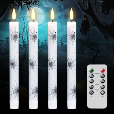 Real Wax Flameless Taper Candles, 4 Pack Halloween LED Taper Candles Battery Operated With Remote Timer, Flameless Candlesticks With Spider Web Prints For Halloween Decoration (0.75” X 9.65”)