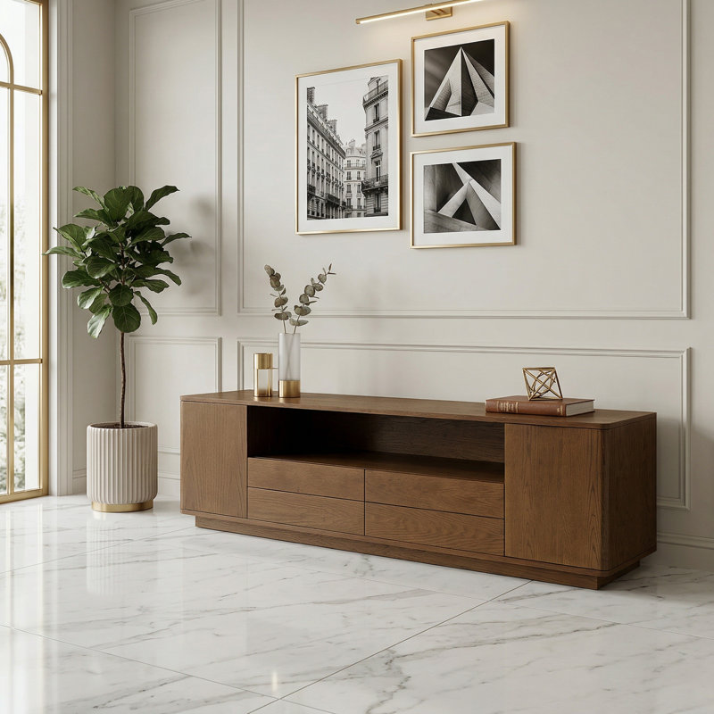 59" Mid Century Modern Tv Stand For Tvs Up To 65", Walnut Entertainment Center With Curved Design For Living Room