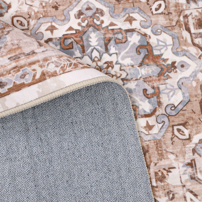 Tapis oriental neutre en fausse laine lavable antidérapant, Rectangle 5 pi x 7 pi