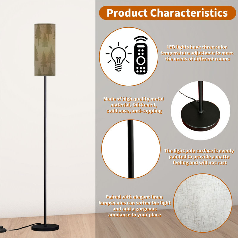  68.5" Standing Floor Lamp Pine Tree Muted Green Beige Dimmable Metal Pole Lamp with Linen Lampshade LED Bulb Included