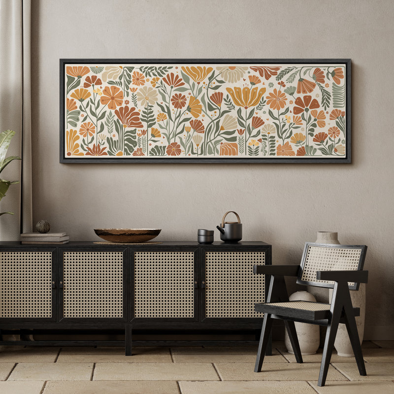 Motif floral rétro orange et vert, fleurs botaniques abstraites et antiques, H 20 po x l 60 po, Noir, noir, noir, noir