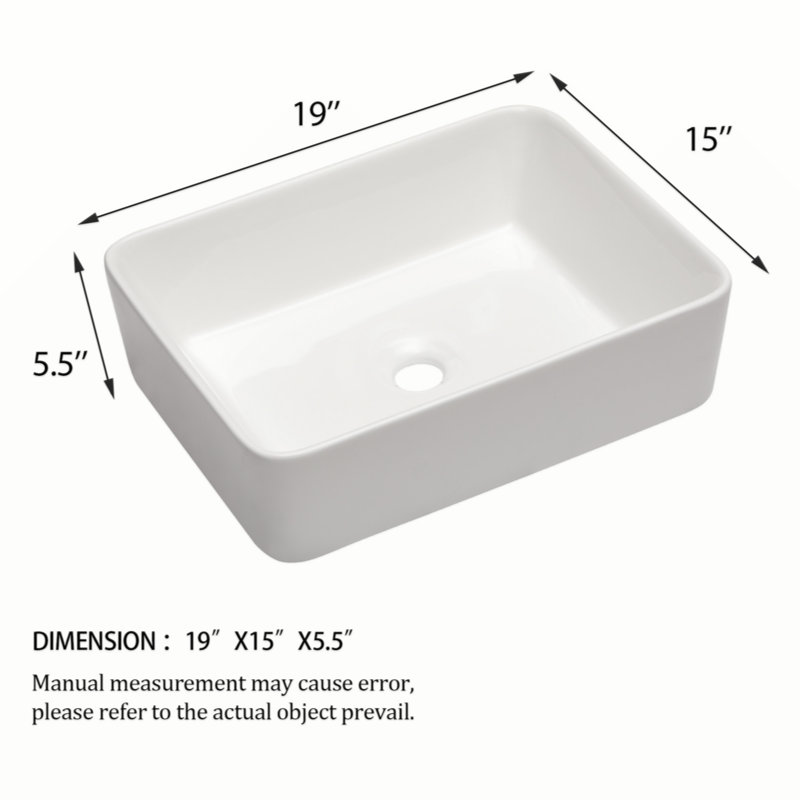 19"X15" Ceramic Rectangular Vessel Bathroom Sink, White