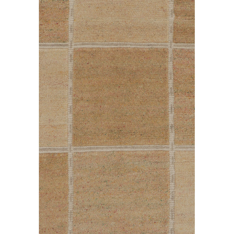 Rug & Kilim’S Scandinavian Rug, Geometric Pattern In Gold And Beige, Rectangle 12' x 18'