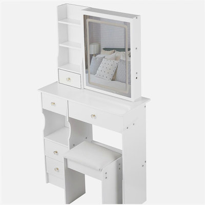 29.2" Small Size Left Drawer Desktop Vanity Table + Cushioned Stool, Large Sliding, Touch Control, Tri-color Switching, Brightness Adjust LED Mirror, High Capacity Storage, Suitable for Small Space