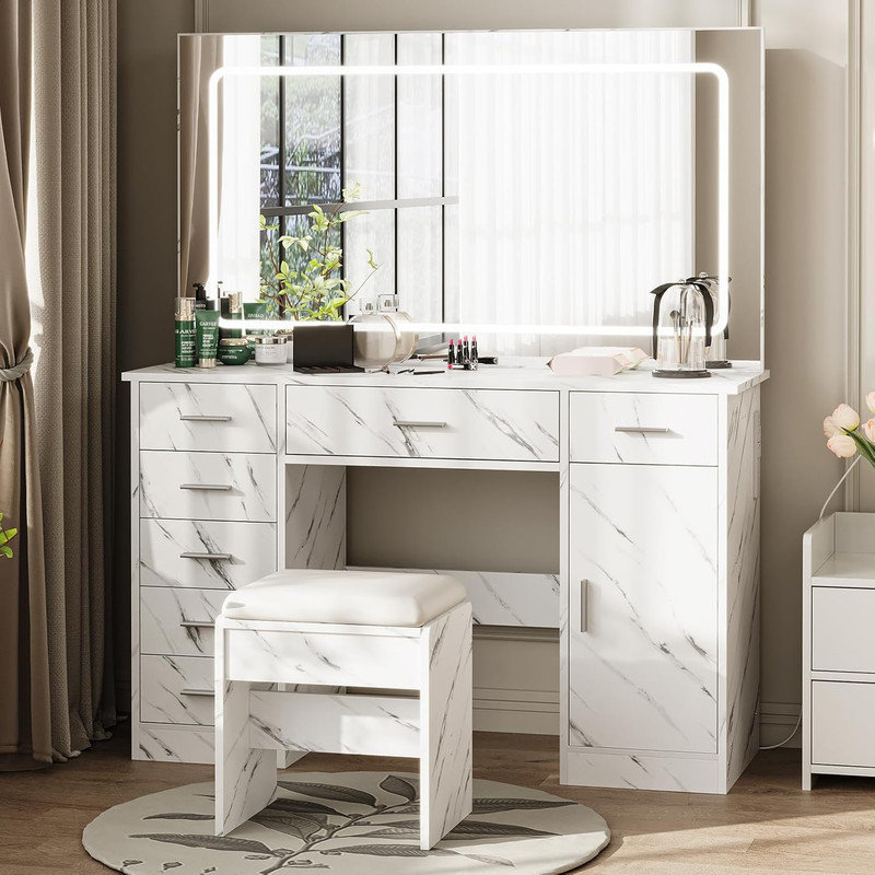 Vanity Desk with Large Mirror & Power Outlet, Makeup Vanity with 7 Drawers, Cushioned Stool & Adjustable Lights, Dressing Table with Hairdryer Holder
