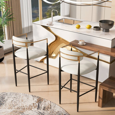 Barstools Set Of 2, Upholstered Bar Stools With Back For Kitchen Island Faux PU Leather Seating Black Iron Legs 260LBS Weight Capacity by 17 Stories