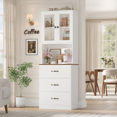 70.9" Tall 3-in-1 Kitchen Pantry, Top Glass Display Cabinet, Middle Coffee Station With Hole, Bottom 3 Large Drawers by Latitude Run