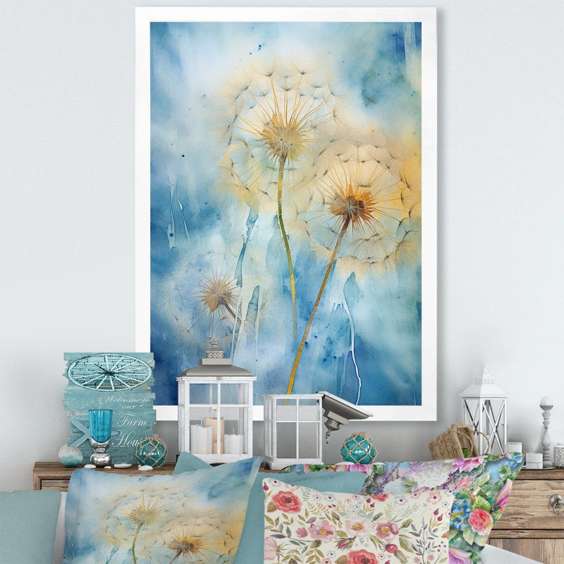 Rêves de pissenlit bleus sur toile, H 32 po x l 24 po x P 1 po, Cadre simple blanc