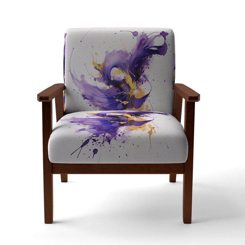 Purple And Gold Splash - Upholstered Midcentury Modern Arm Chair, Brown Square Arms