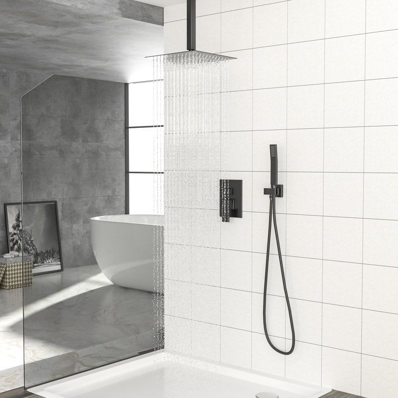 10 Inch Square Ceiling Mount Shower With Dual Heads, Matte Black Finish, - Balanced Valve, Rainfall Spray Pattern, And 360 Adjustability Function Mounted Spray, Easy Installation