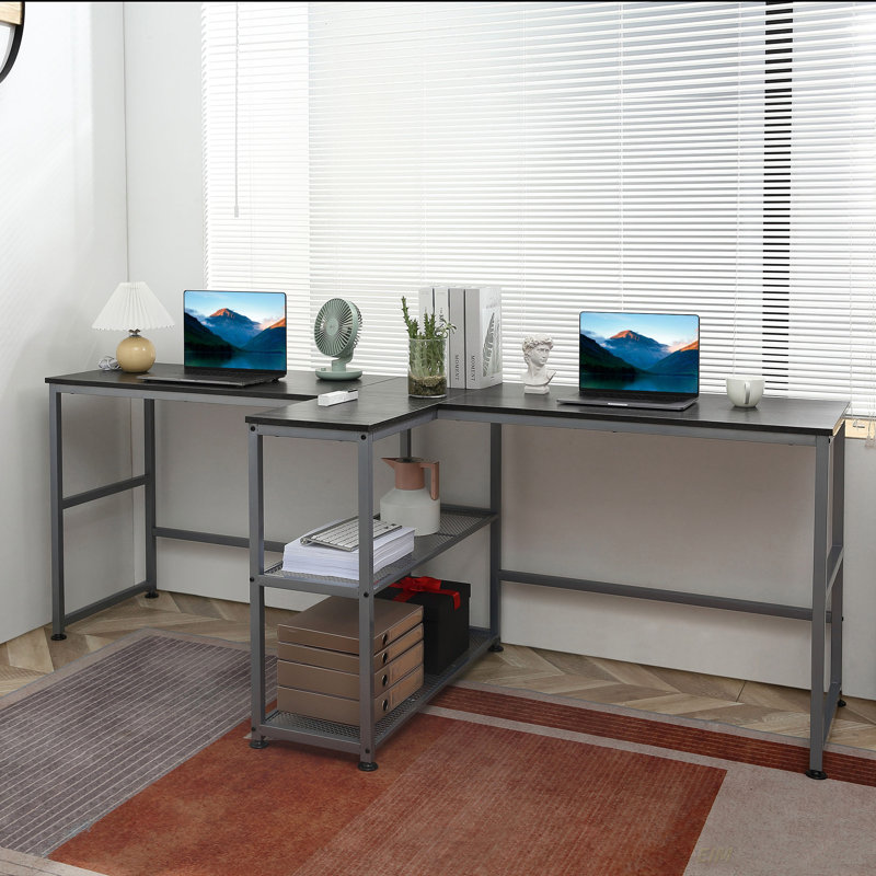 Bureau d'ordinateur 83 po pour 2 personnes avec 2 tablettes de rangement, poste de travail double avec étagère à livres, longue table de bureau pour le bureau personnel