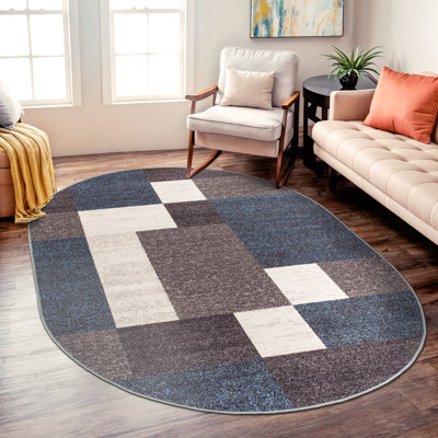 Allyne Geometric Tufted Blue/Cream/Gray Non-Slip Rubberback Area Rug