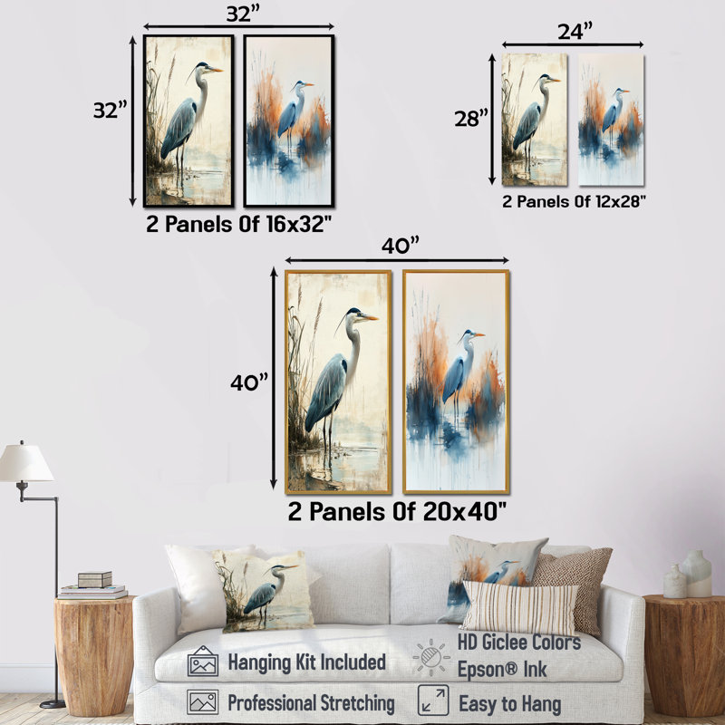 Tranquil Heron By The Lake I - Paysages, art mural 2 pièces, Toile tendue, H 32 po x l 33 po