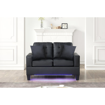 Tissu noir l 55,5 po avec lumières à DEL, 2 sièges, coussins, hauteur de siège de 20 po, profondeur de 21,5 po, largeur de 43,5 po, accoudoirs de 18,5 po, dossier de 5,5 po, dossier de 5,5 po, option de siège moderne