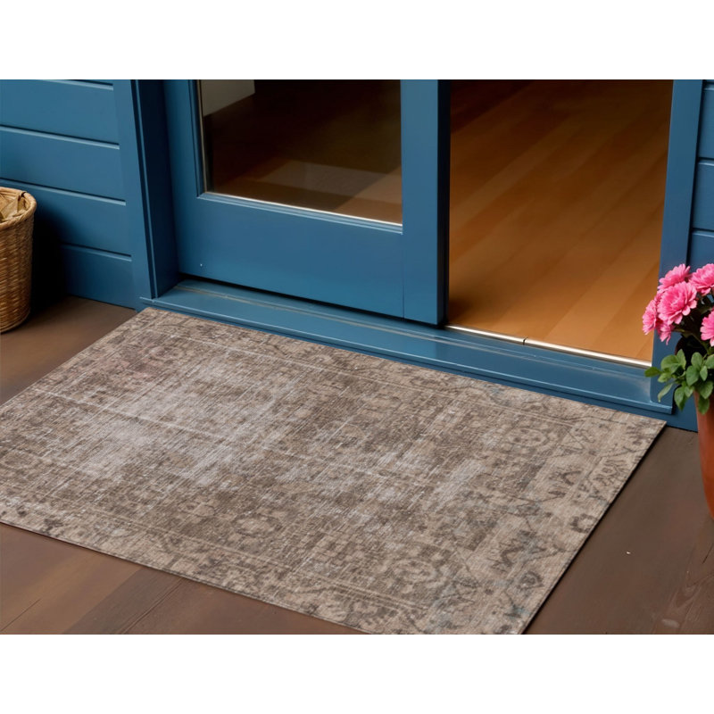 3' X 5' Brown Oriental Washable Indoor Outdoor Area Rug