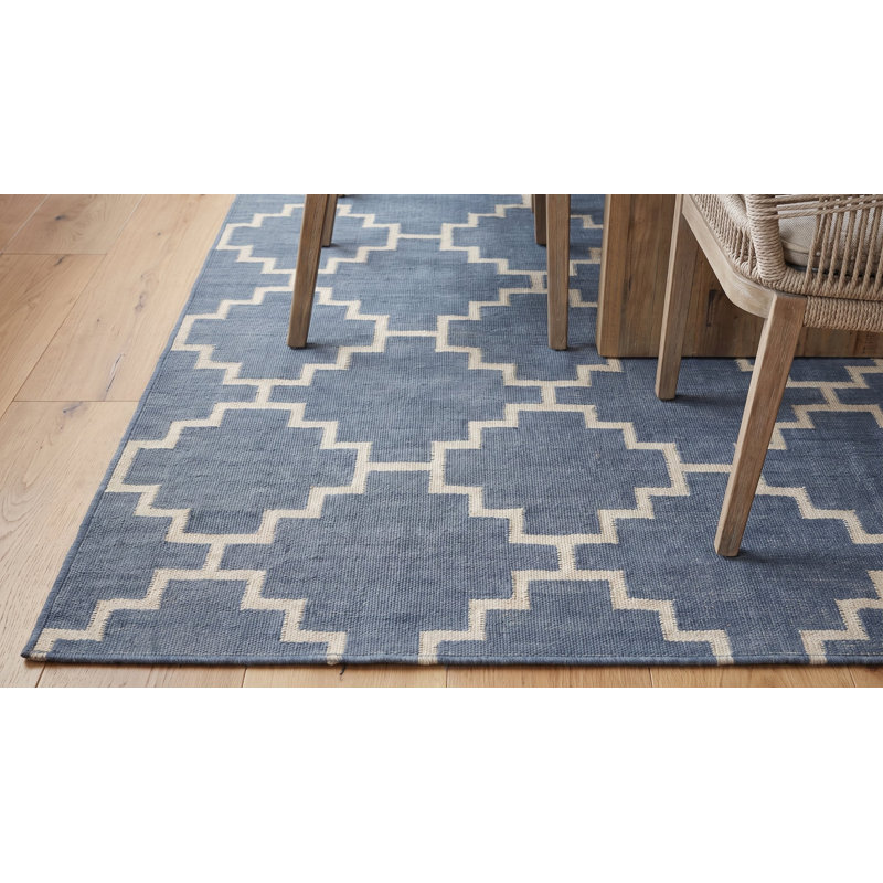 Tapis bleu moderne à motif géométrique en treillis à losanges et motif géométrique moderne, 8 pi x 10 pi