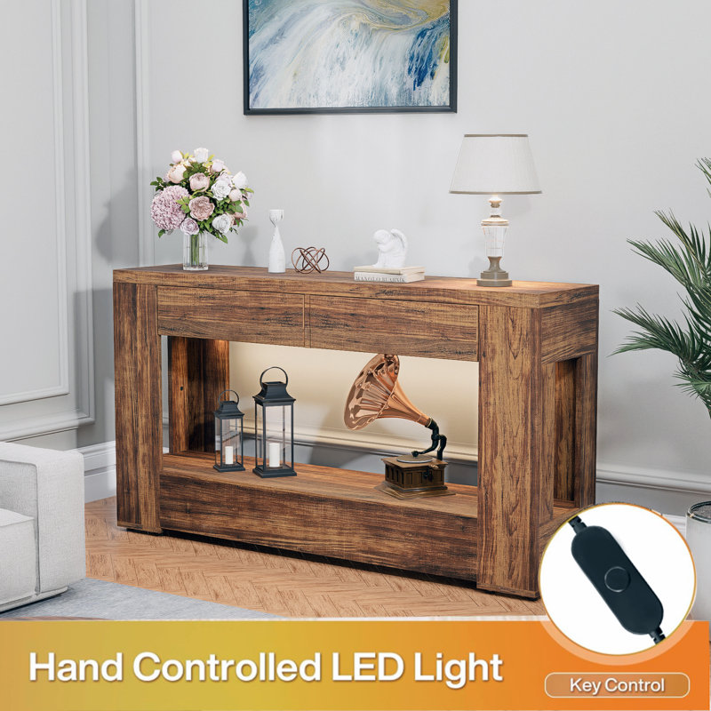 55 Inch Entryway Table With Drawers & Led Lighting, Farmhouse Sofa Table, Long Narrow Hallway Table For Living Room, Entrance, Family Room,rustic Brown