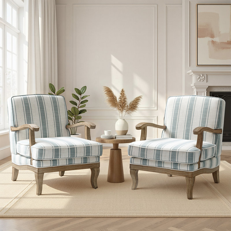 Peppone Country Wooden Upholstered Armchair with Solid Wood Armrests Set of 2, Blue