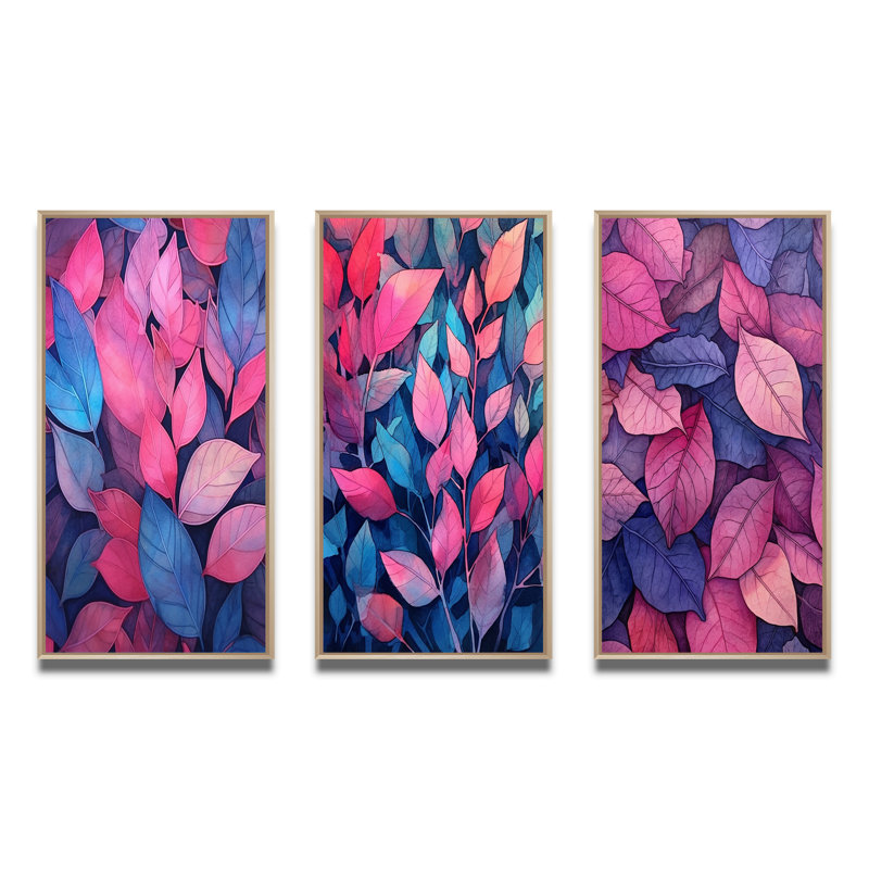 «Pink Blue Leafs Harmony», 3 pièces sur toile, H 20 po x l 36 po, Cadre naturel flottant