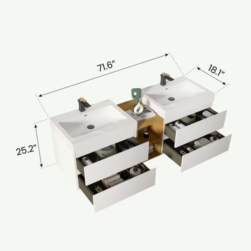 Meuble-lavabo blanc 72 po avec lavabos doubles et tablette ouverte, meuble-lavabo mural moderne flottant, lavabo une pièce sans drain ni robinet