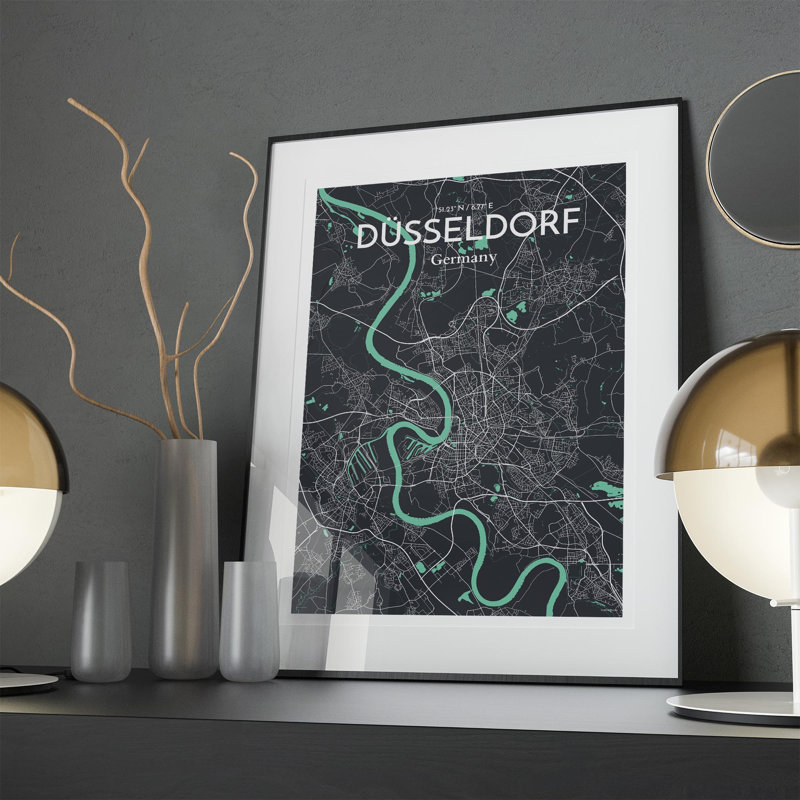 Impression sur carte de la ville de Dusseld, Vert/gris, H 27,6 po x l 19,7 po