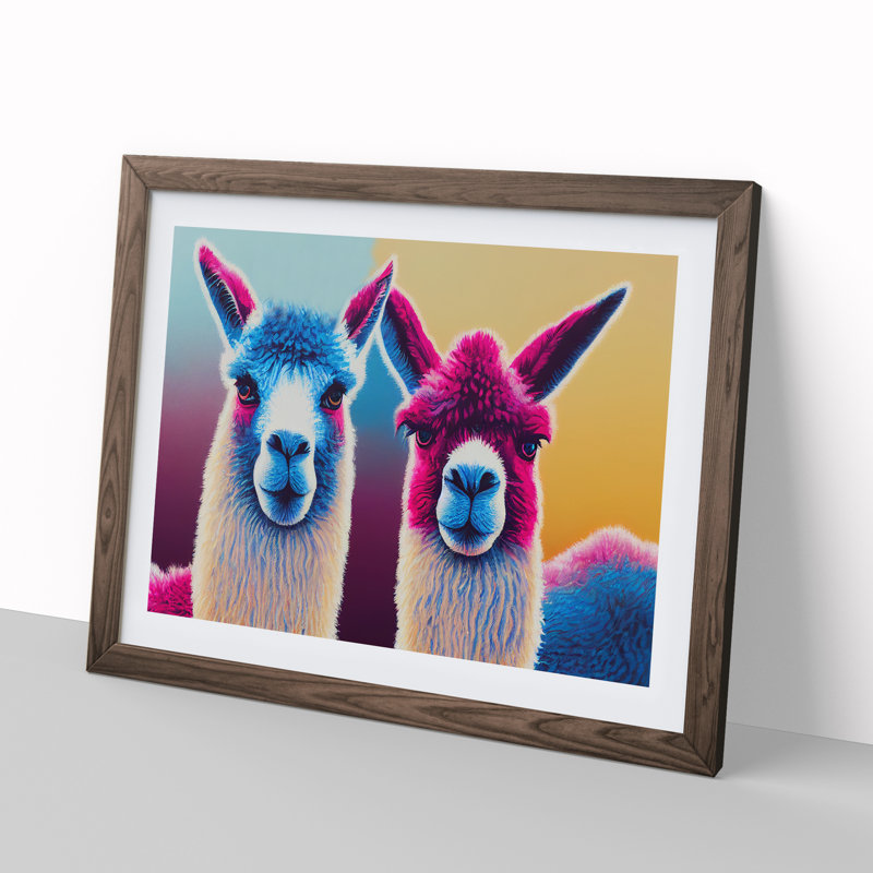 Colourful Llamas Vol.3 - Painting, Walnut Framed, 25cm H x 34cm W x 2cm D