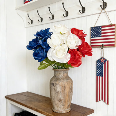 Set of 3 Patriotic Artificial Rose Bushes 4th of July Red White Blue Silk Flower Stems for Independence Day Memorial Day Home Table Centerpiece Decor