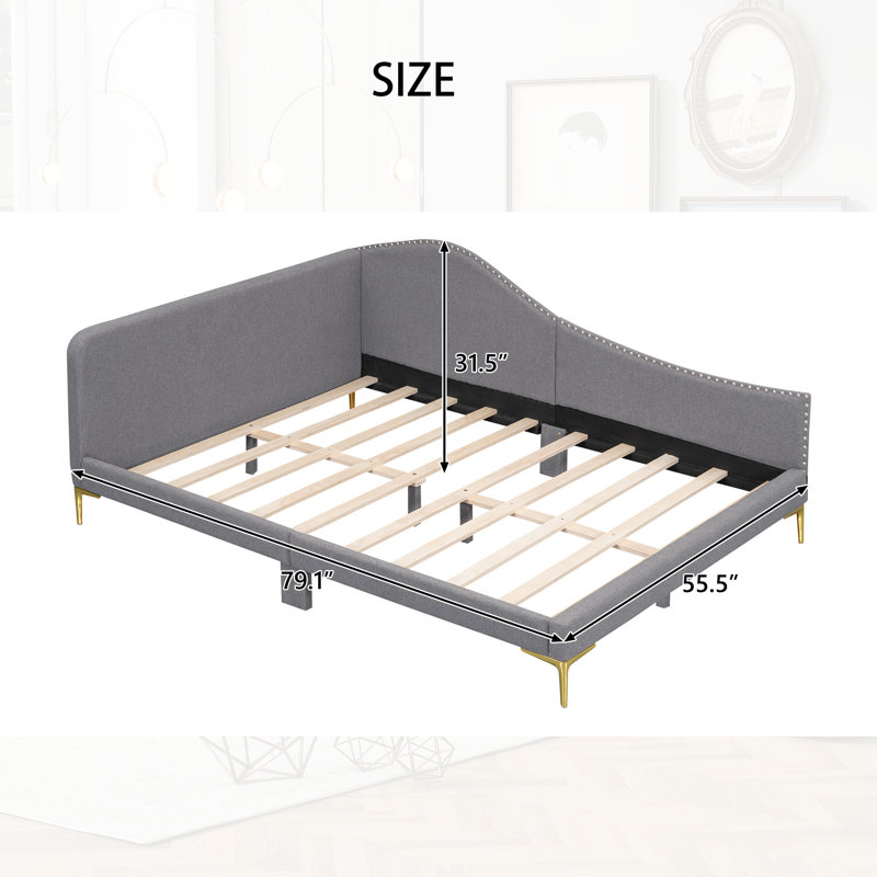  Lit de jour double 80,5 po avec revêtement en lin gris - Structure de lit plateforme en bois robuste d'une capacité de 550 lb - Canapé-lit moderne Mid-Century