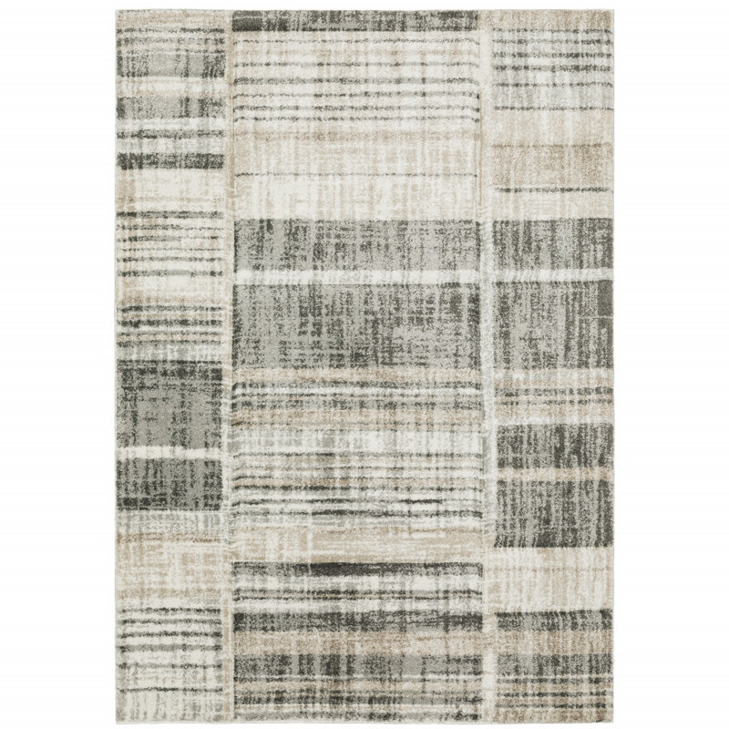 Tapis 3 pi x 5 pi gris anthracite, ivoire, brun clair, brun, beige et géométrique tissé à la machine