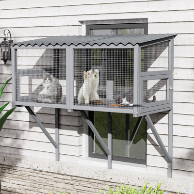 Cat Catio, boîte de fenêtre pour plusieurs chats d'intérieur, perchoir en bois pour chat avec porte latérale verrouillable en métal, abri pour chat d'extérieur Catio,