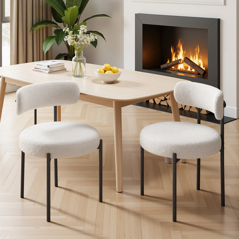 Dining Chairs Modern Teddy Fabric Upholstered Chairs with Curved Backrest and Black Metal Legs, White, 2
