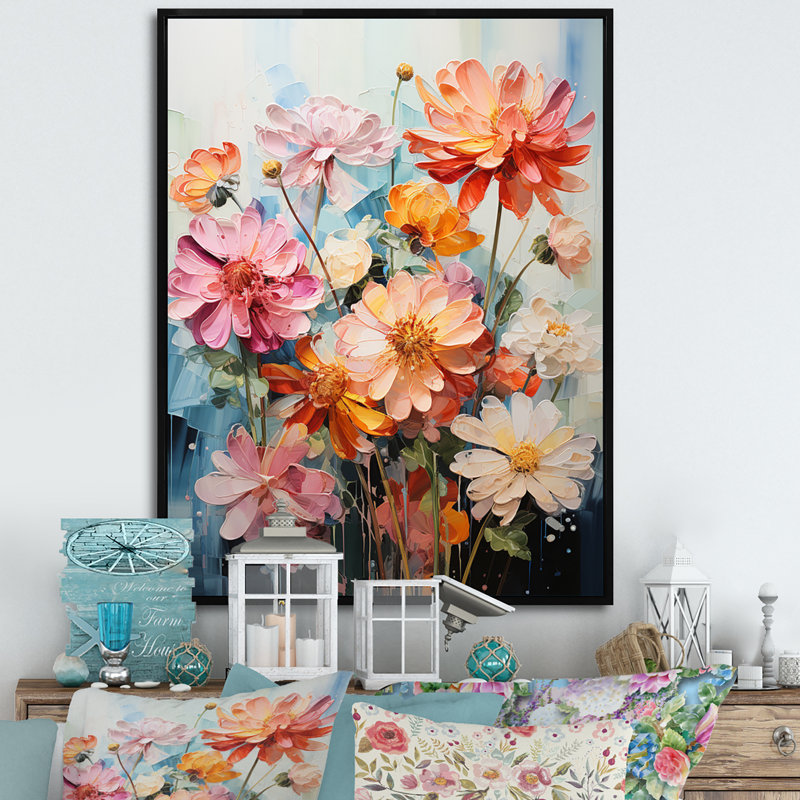 Collage de fleurs claires Zinnias III, H 32 po x l 24 po x P 1 po, Noir