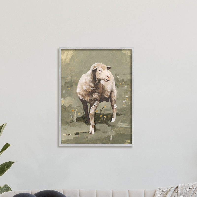 Moutons de printemps impressionnistes qui broutent un champ de verdure, H 14 po x l 11 po, Cadre gris