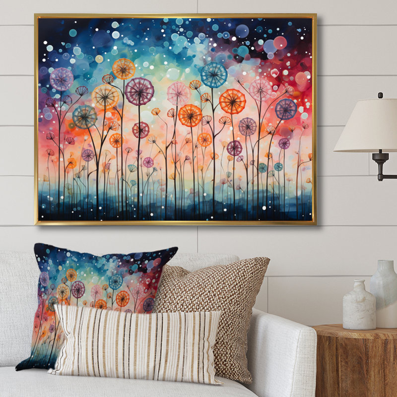 Blue Dandelion Floral Symphony II - Floral Wall Decor, Cadre flottant doré, H 16 po x l 32 po x P 1 po