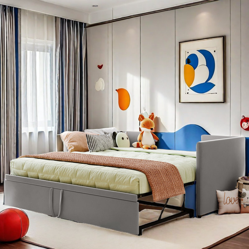 Azekiel Twin Size Upholstered Daybed with Pop Up Trundle, Gray