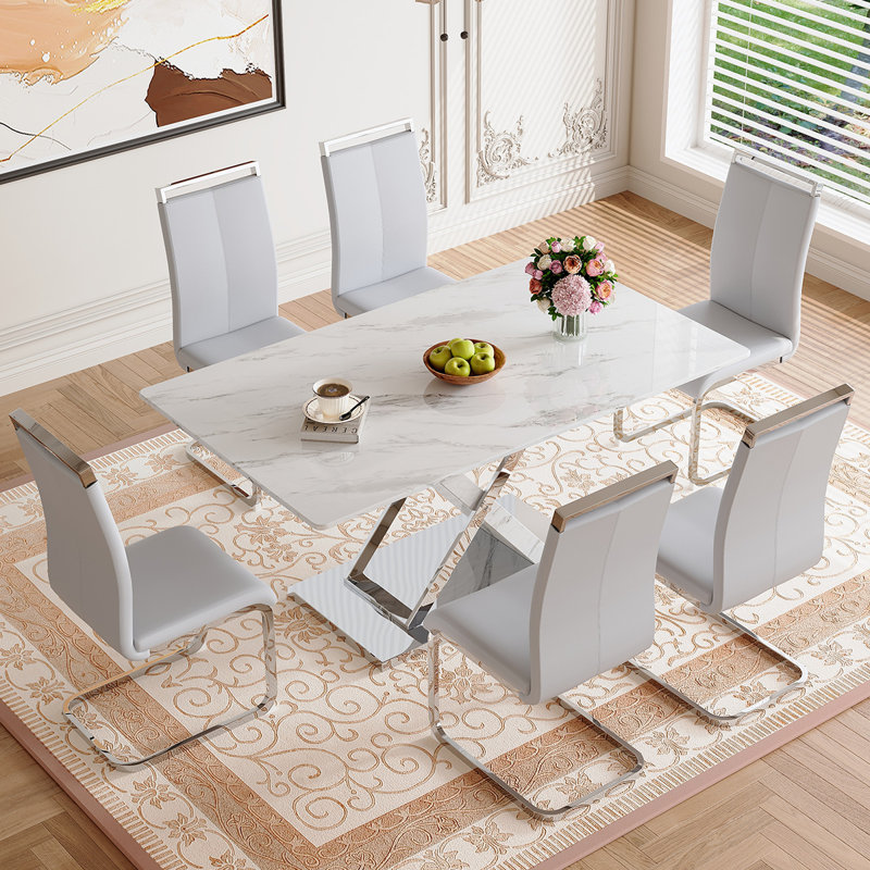 Glass Dining Table Set For 6, Light Gray/Silver, 7